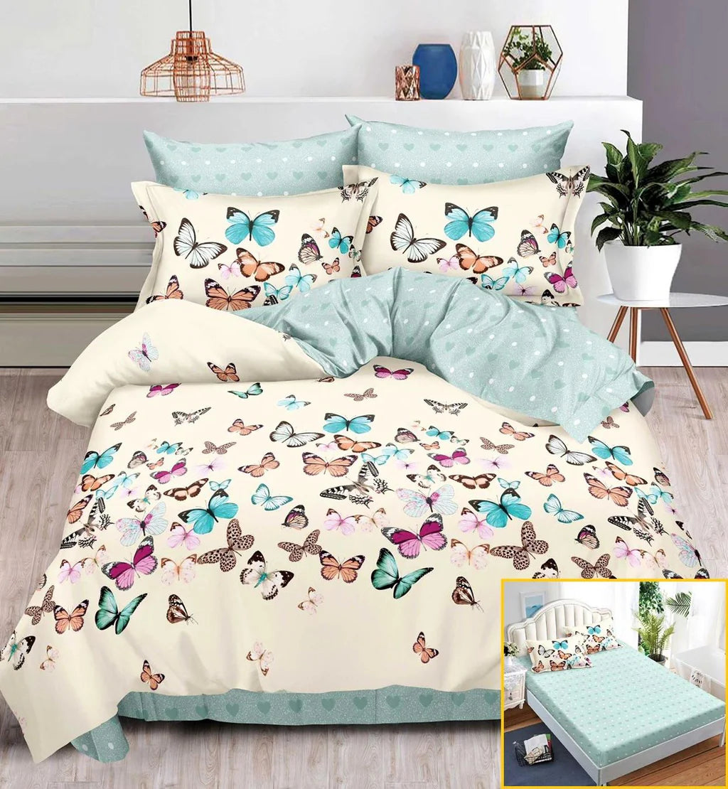 Parure de lit avec élastique, en coton, 6 pièces, lit double, multicolore, papillons