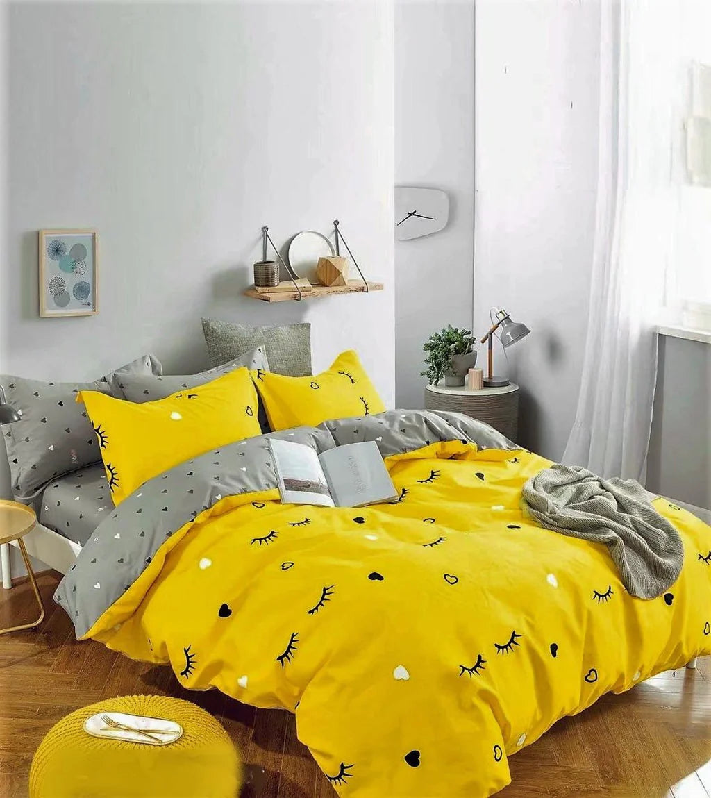 Parure de lit, en coton, 6 pièces, lit double, jaune, cils