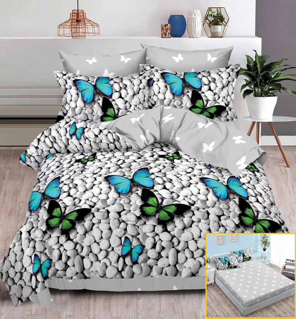 Parure de lit avec élastique, en coton, 6 pièces, lit double, gris, papillons, effet 3D