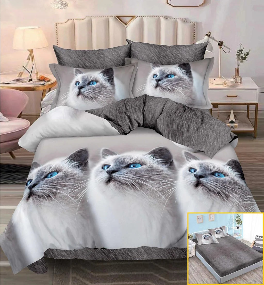 Parure de lit avec élastique, en coton, 6 pièces, lit double, gris, chats, effet 3D