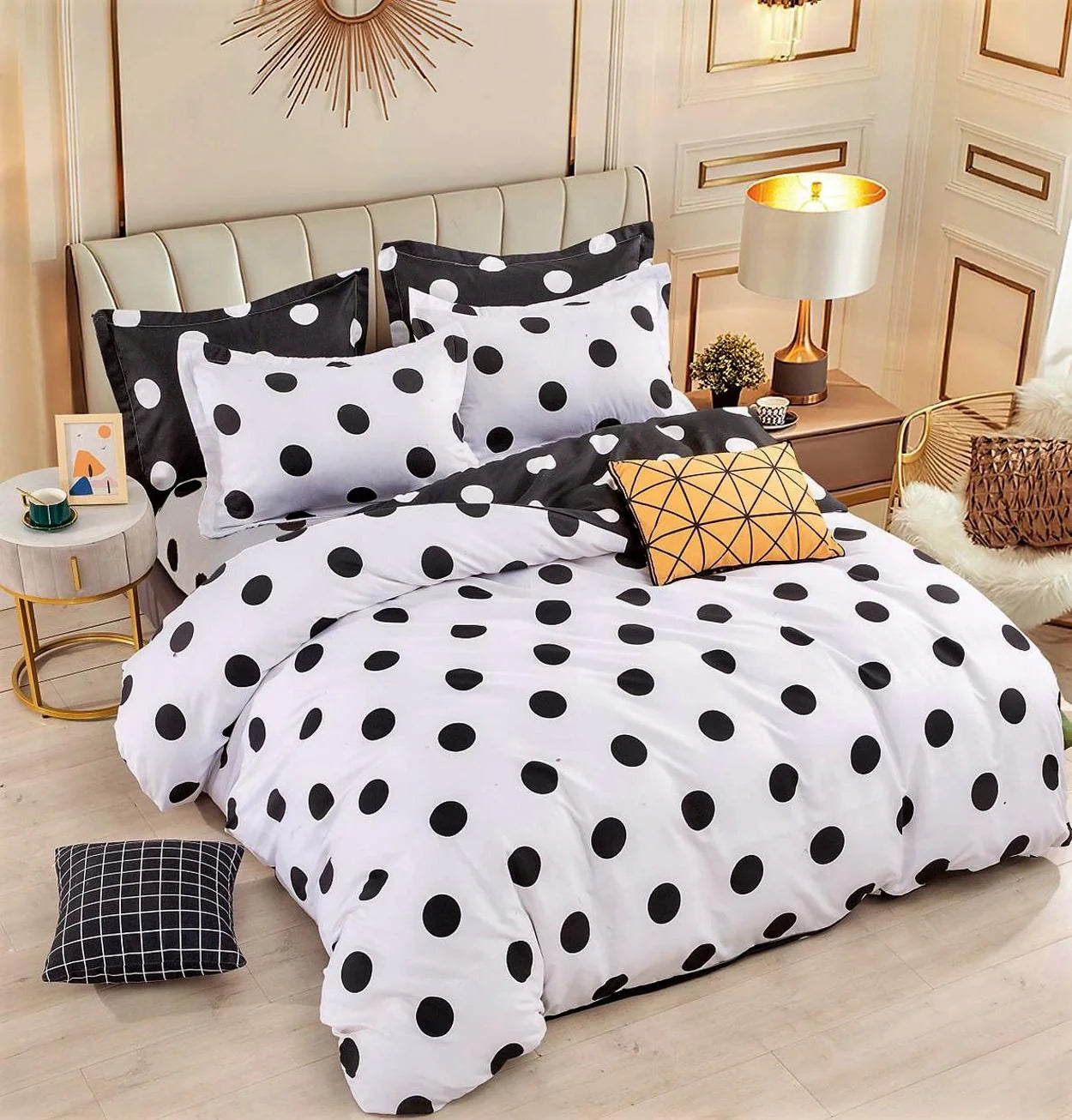 Parure de lit, en coton, 6 pièces, lit double, blanc, pois