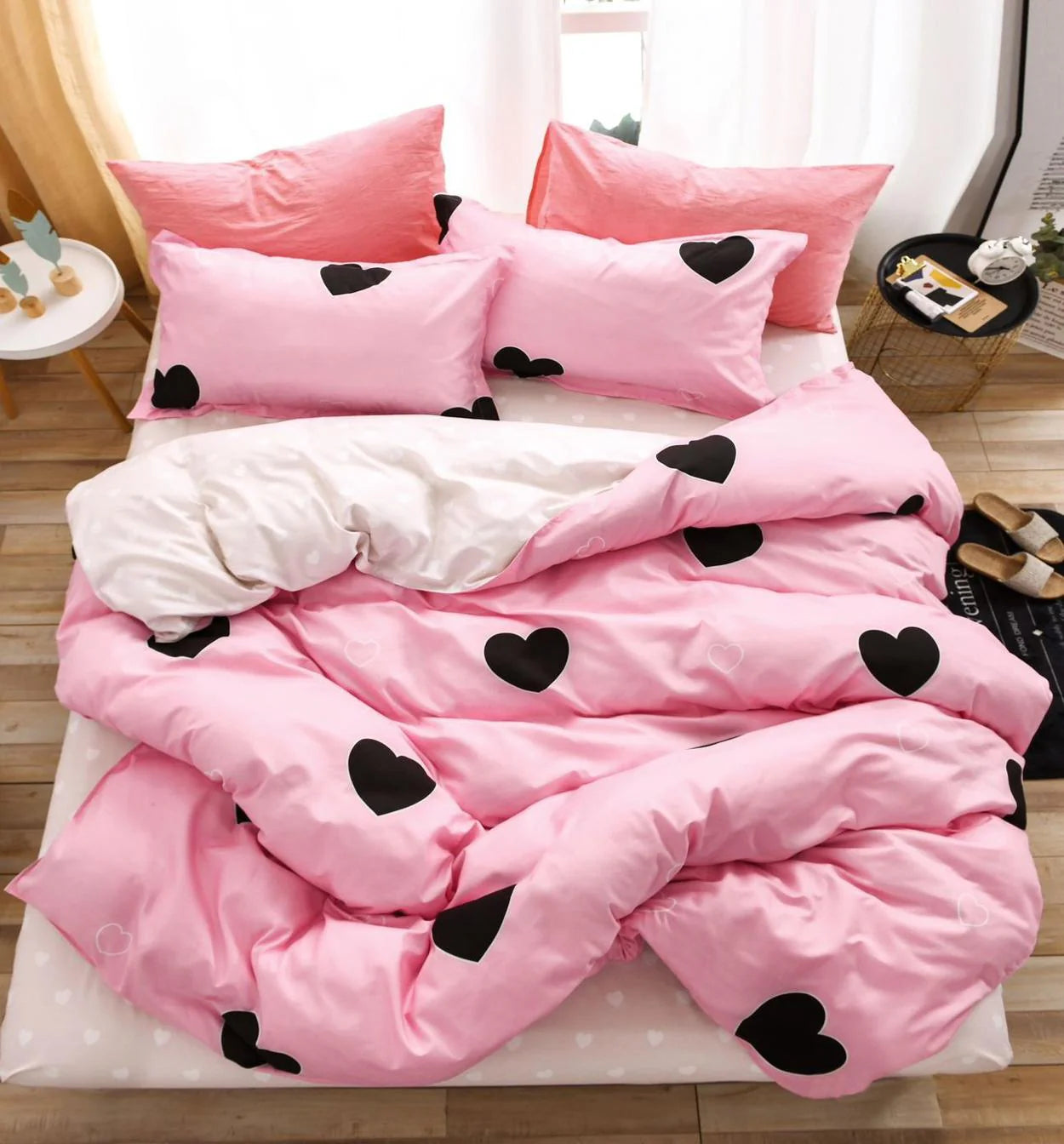 Parure de lit, en coton, 6 pièces, lit double, rose, cœurs