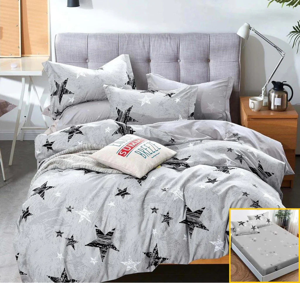 Parure de lit avec élastique, en coton, 6 pièces, lit double, gris, étoiles