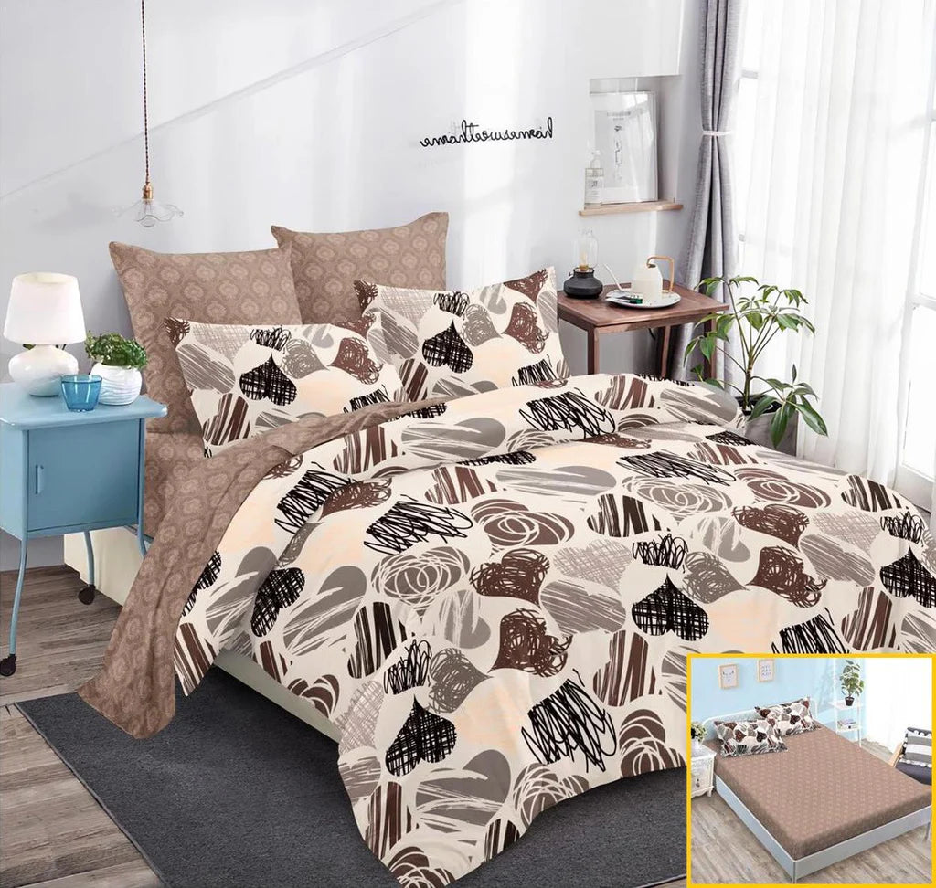 Parure de lit avec élastique, en coton, 6 pièces, lit double, beige, coeurs