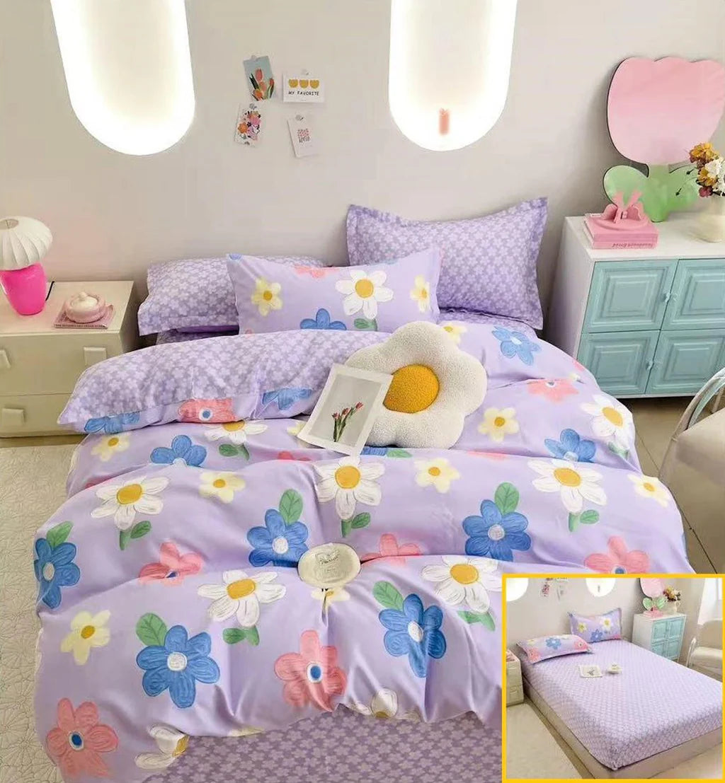 Parure de lit avec élastique, en coton, 6 pièces, lit double, multicolore, fleurs