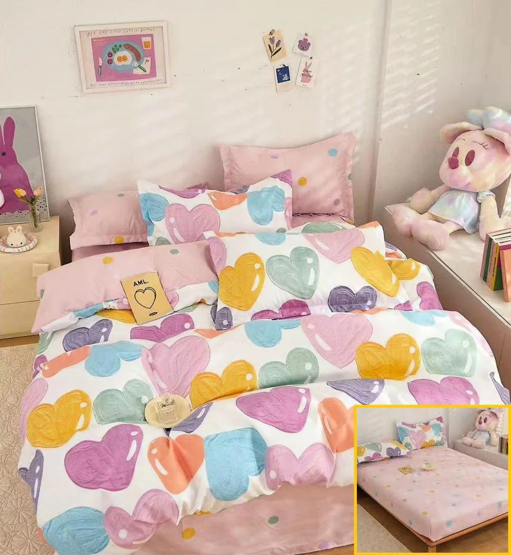 Parure de lit avec élastique, en coton, 6 pièces, lit double, coeurs multicolores