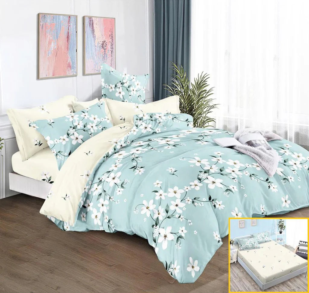 Parure de lit avec élastique, en coton, 6 pièces, lit double, vert, fleurs