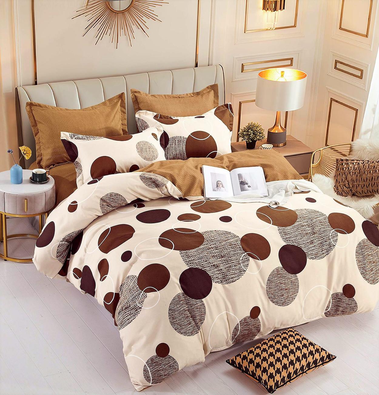 Parure de lit, en coton, 6 pièces, lit double, marron, cercles