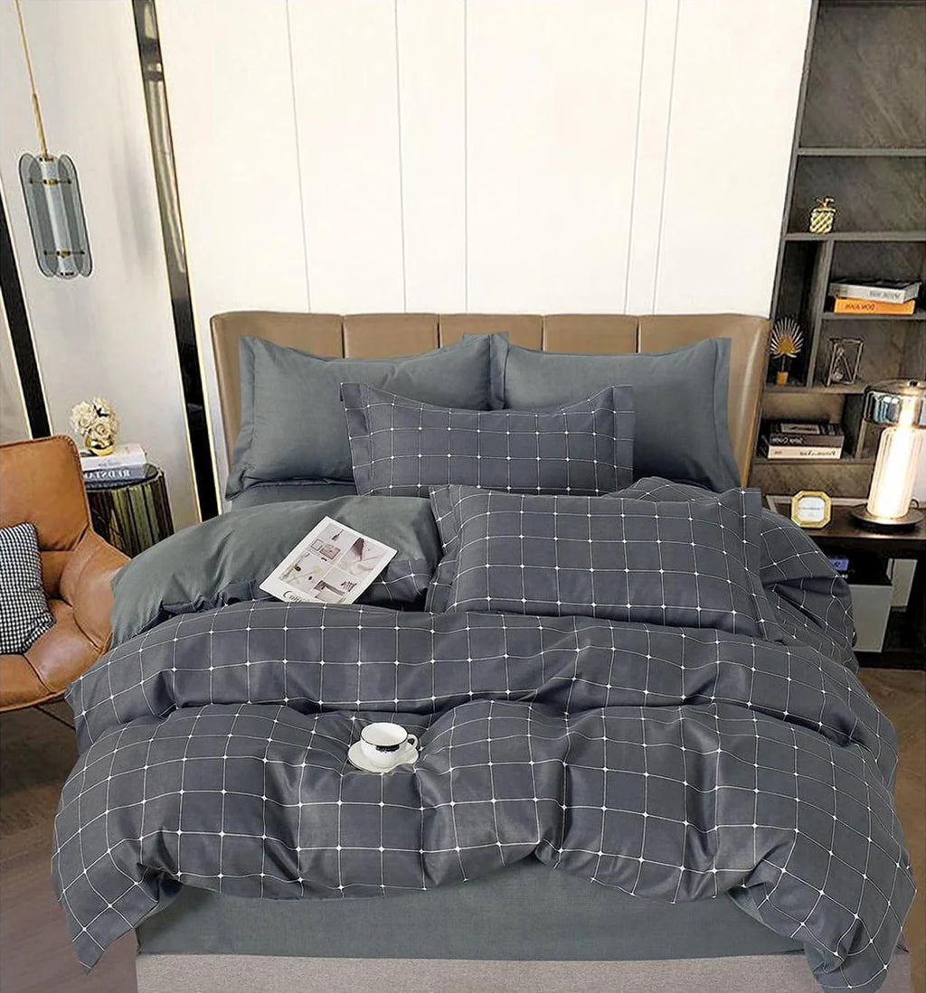 Parure de lit, en coton, 6 pièces, lit double, gris, minimaliste