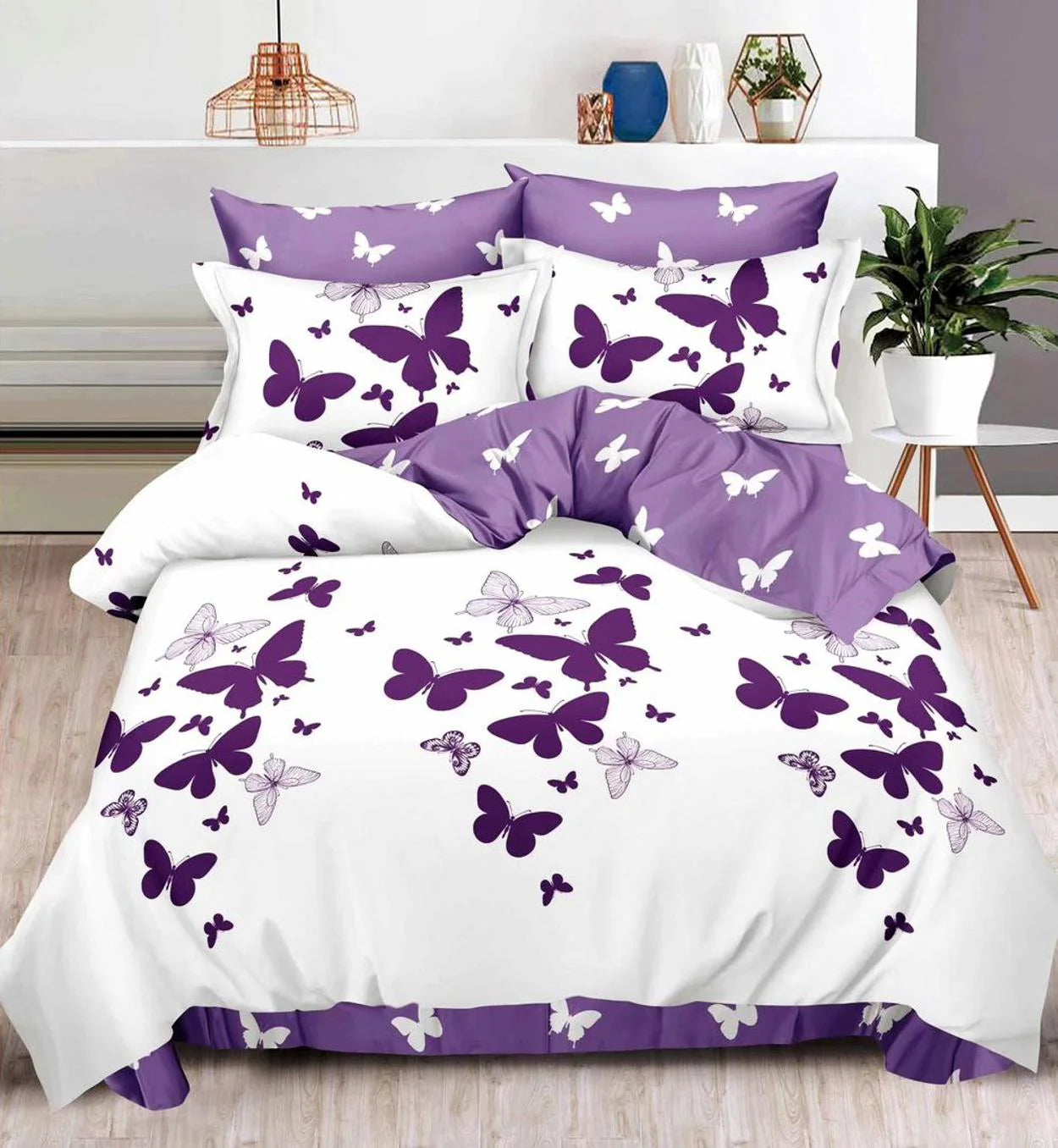 Parure de lit, en coton, 6 pièces, lit double, violet, papillons
