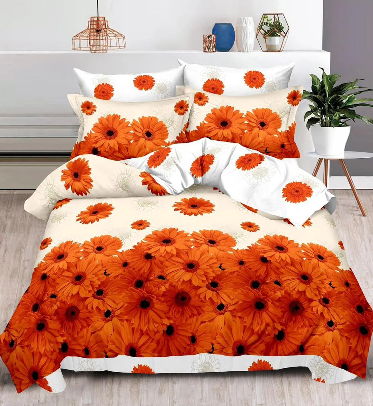 Parure de lit, en coton, 6 pièces, lit double, marron, orange, fleurs