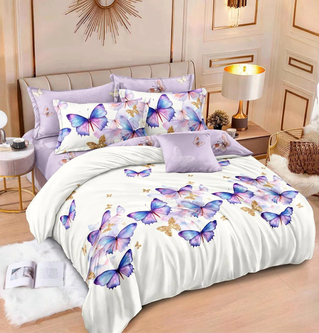 Parure de lit, en coton, 6 pièces, lit double, violet, papillons