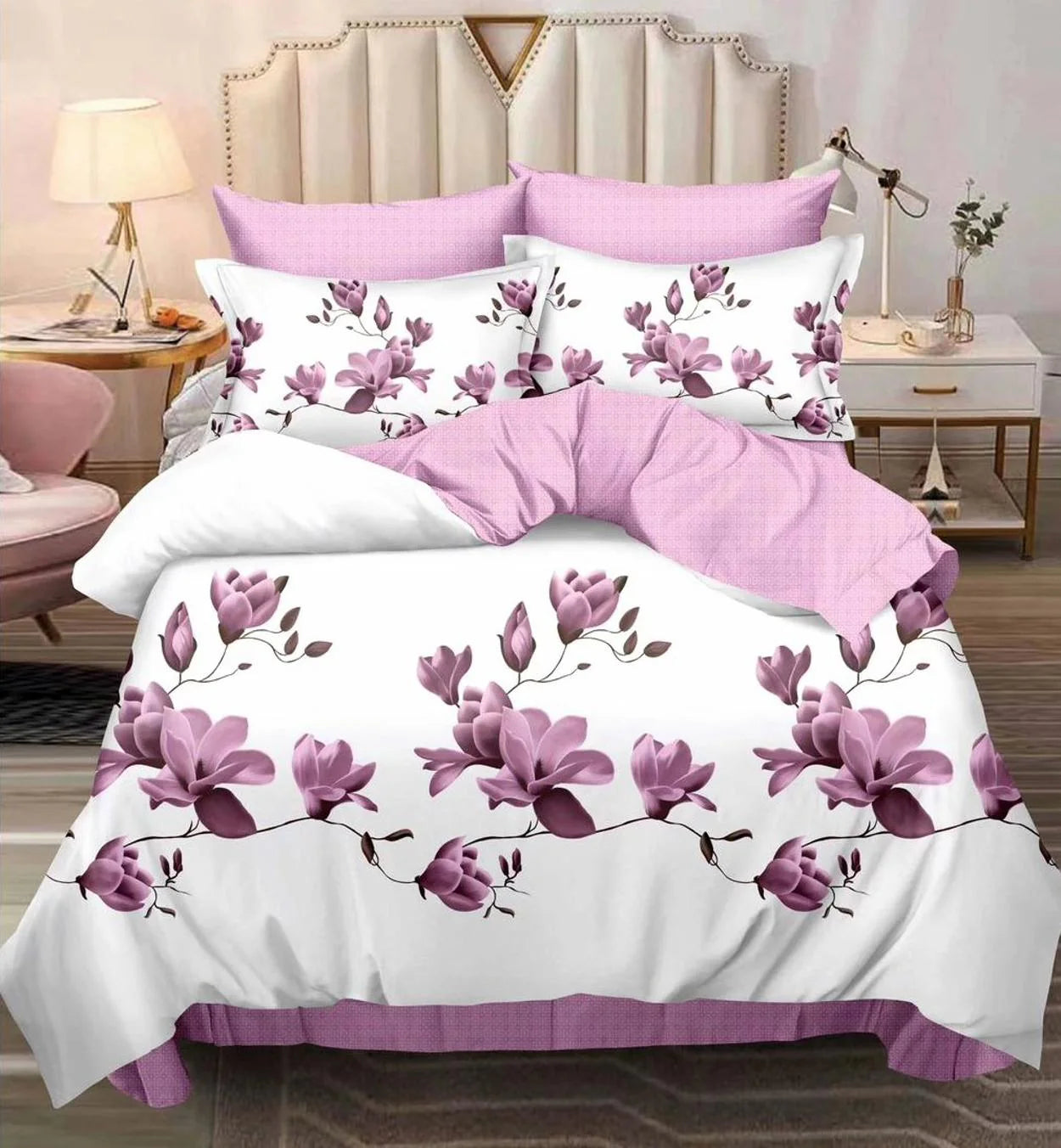 Parure de lit, en coton, 6 pièces, lit double, violet, fleurs