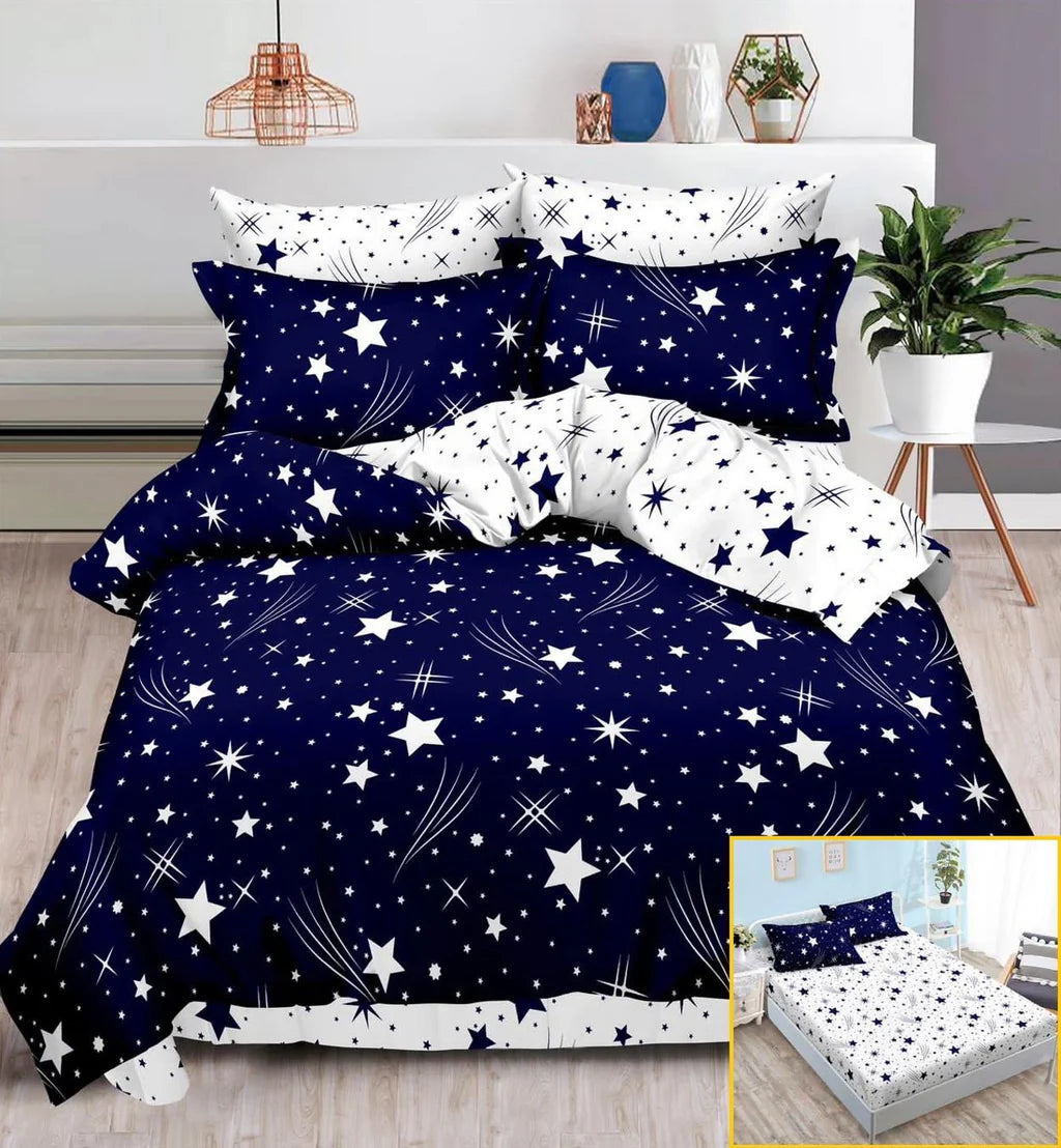 Parure de lit avec élastique, en coton, 6 pièces, lit double, bleu, étoiles