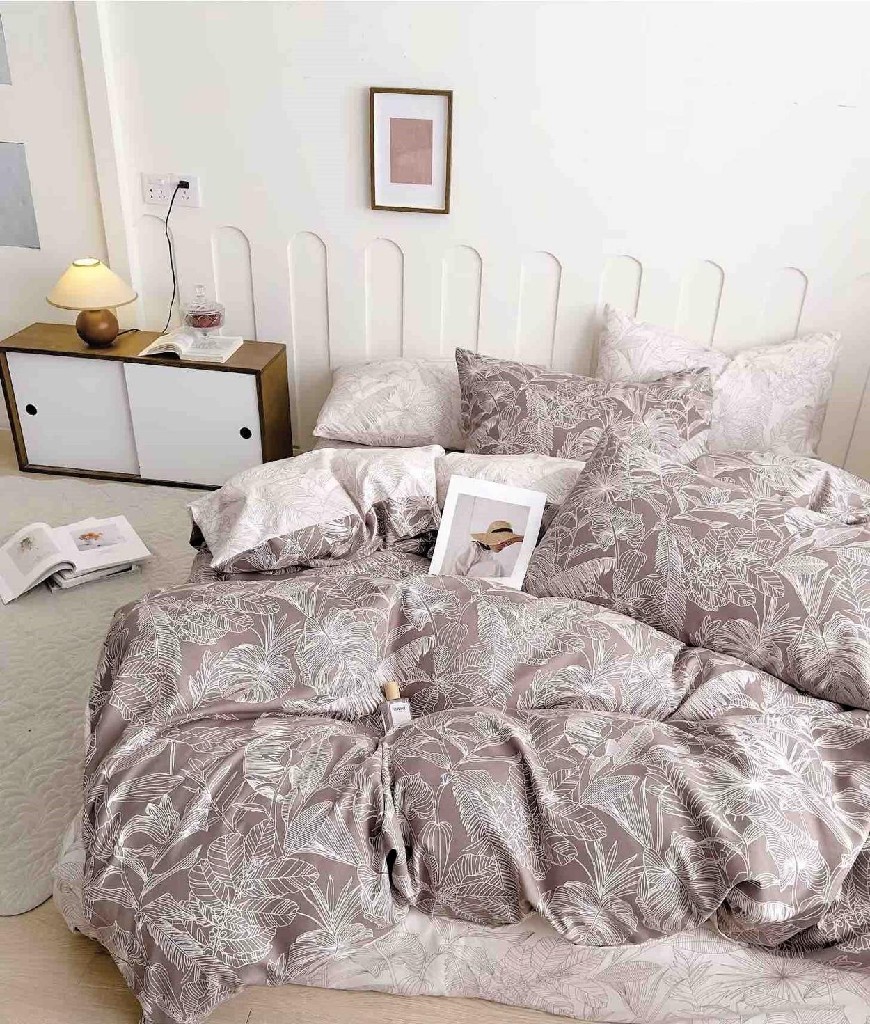 Parure de lit, en coton, 6 pièces, lit double, gris, fleurs