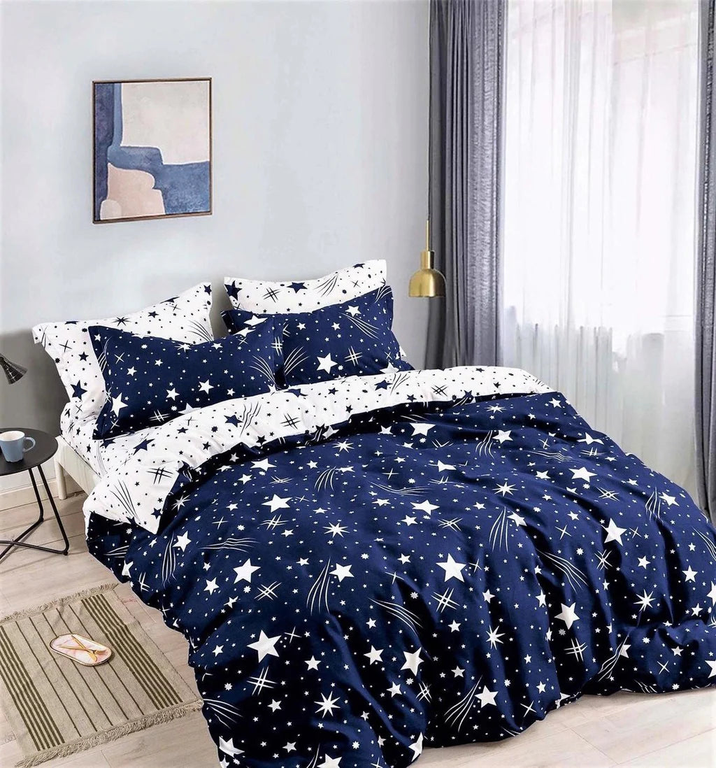 Parure de lit, en coton, 6 pièces, lit double, bleu, étoiles